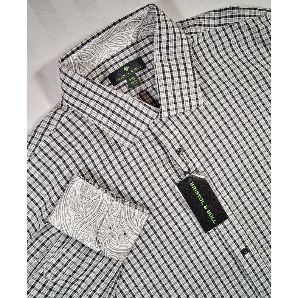 5XL Bristol & Bull Check Silver Paisley Flip Cuff  Men's Long Sleeve 0014
